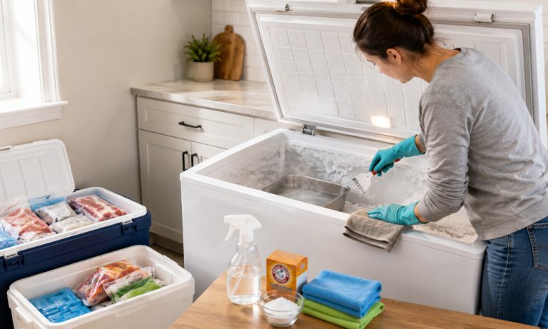 Homeowner using hot water and a plastic scraper to deep clean and defrost a chest freezer while frozen food is safely stored in coolers nearby.