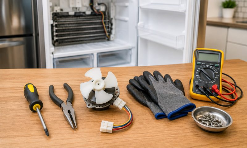 how-to-fix-a-refrigerator-evaporator-fan-2 Essential tools for replacing a refrigerator evaporator fan, including a screwdriver, needle-nose pliers, work gloves, multimeter, replacement fan motor, and screws arranged on a workbench with an open refrigerator in the background.