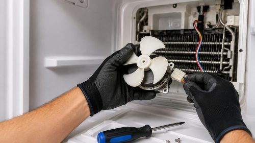 Technician replacing a refrigerator evaporator fan motor inside an open freezer compartment during a DIY appliance repair, with exposed evaporator coils, wiring, and repair tools visible.