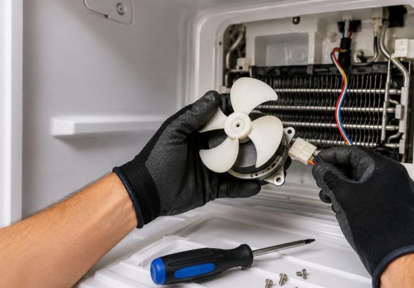 Technician replacing a refrigerator evaporator fan motor inside an open freezer compartment during a DIY appliance repair, with exposed evaporator coils, wiring, and repair tools visible.