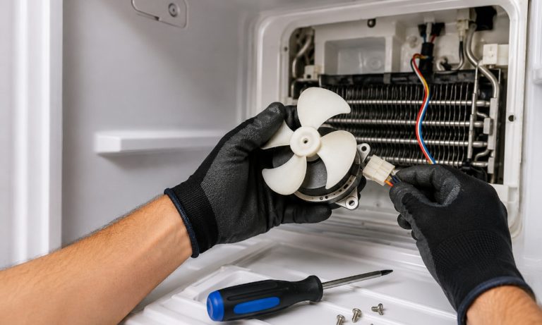 Technician replacing a refrigerator evaporator fan motor inside an open freezer compartment during a DIY appliance repair, with exposed evaporator coils, wiring, and repair tools visible.