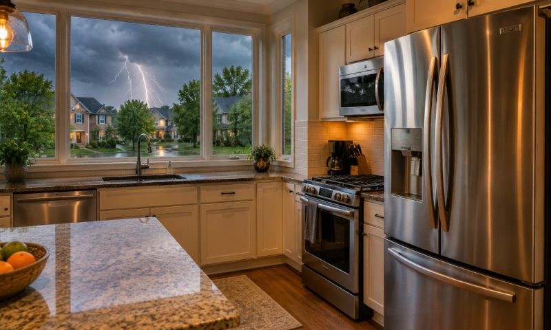Modern kitchen with stainless steel appliances as a thunderstorm approaches, illustrating how Atlanta's heat, humidity, and power fluctuations can affect household appliances.