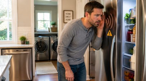 Homeowner listening to a noisy refrigerator in a modern kitchen to identify early signs of an appliance problem.