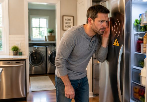 Homeowner listening to a noisy refrigerator in a modern kitchen to identify early signs of an appliance problem.