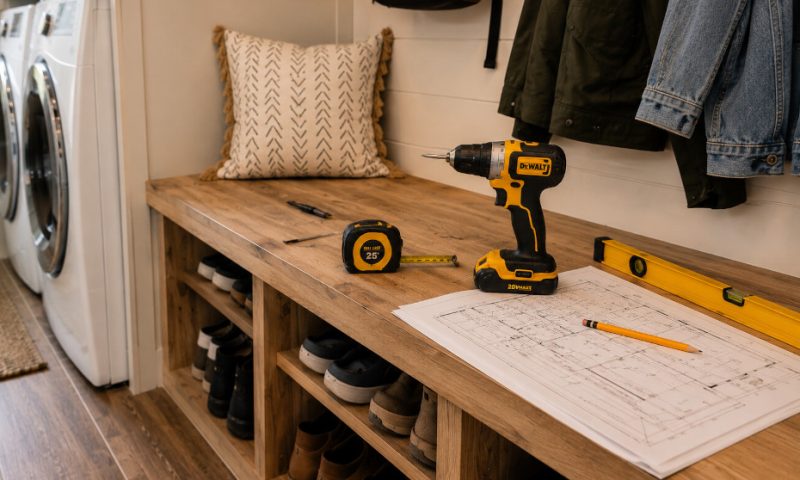 Close-up of DIY tools, a floor plan, and a built-in storage bench in a completed Buford laundry nook converted into a functional mudroom.