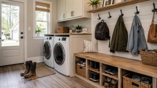Modern Buford laundry nook converted into a functional mudroom with built-in bench, shoe storage, wall hooks, washer, dryer, and wood-look tile flooring.