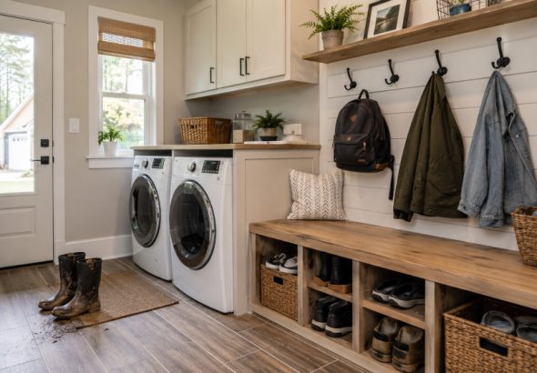 Modern Buford laundry nook converted into a functional mudroom with built-in bench, shoe storage, wall hooks, washer, dryer, and wood-look tile flooring.