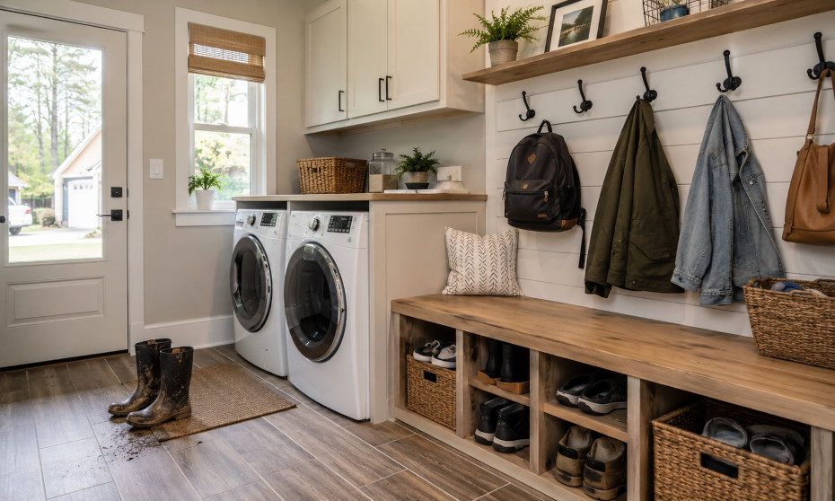 Modern Buford laundry nook converted into a functional mudroom with built-in bench, shoe storage, wall hooks, washer, dryer, and wood-look tile flooring.