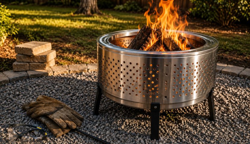 Seasoning a DIY stainless steel washing machine drum fire pit with a small wood fire on a gravel base before regular backyard use.