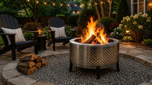Repurposed washing machine drum fire pit on a gravel patio with burning fire, Adirondack chairs, and landscaped backyard in Roswell, Georgia.