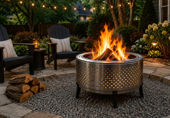 Repurposed washing machine drum fire pit on a gravel patio with burning fire, Adirondack chairs, and landscaped backyard in Roswell, Georgia.