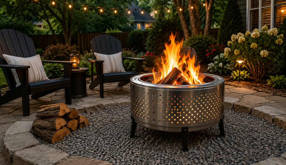 Repurposed washing machine drum fire pit on a gravel patio with burning fire, Adirondack chairs, and landscaped backyard in Roswell, Georgia.