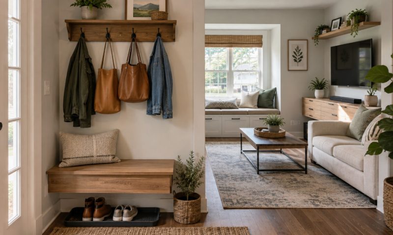 Wall-mounted entryway bench with hooks, shoe storage, and a boot tray leading into a small, organized living room.