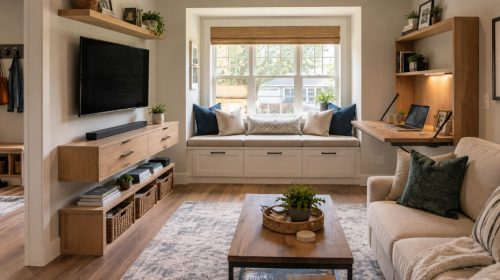 Built-in furniture in a small living room, featuring a storage window seat, floating media console, and fold-down wall desk.