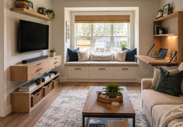 Built-in furniture in a small living room, featuring a storage window seat, floating media console, and fold-down wall desk.