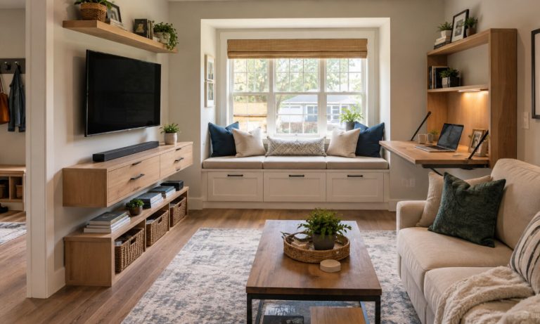 Built-in furniture in a small living room, featuring a storage window seat, floating media console, and fold-down wall desk.