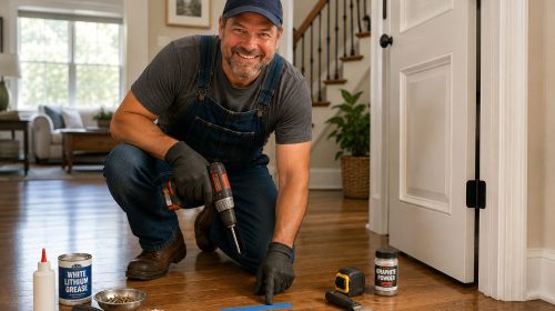 Handyman Bob kneels on a hardwood floor in a Duluth, GA home, using a cordless drill to repair a squeaky floor while pointing to the problem area marked with painter's tape. DIY repair tools and lubricants are arranged nearby, with a white interior door in the background.