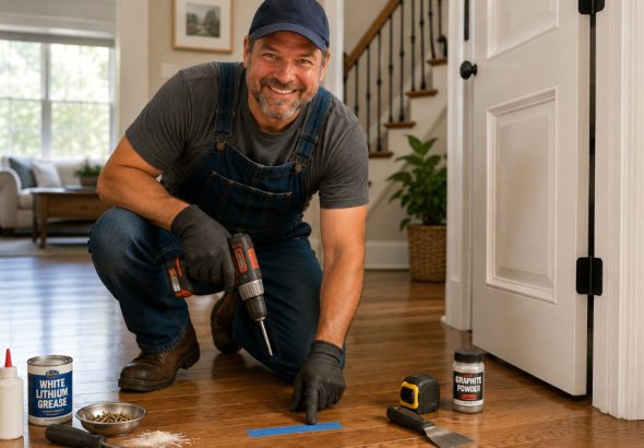 Handyman Bob kneels on a hardwood floor in a Duluth, GA home, using a cordless drill to repair a squeaky floor while pointing to the problem area marked with painter's tape. DIY repair tools and lubricants are arranged nearby, with a white interior door in the background.