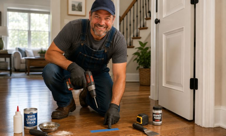 Handyman Bob kneels on a hardwood floor in a Duluth, GA home, using a cordless drill to repair a squeaky floor while pointing to the problem area marked with painter's tape. DIY repair tools and lubricants are arranged nearby, with a white interior door in the background.
