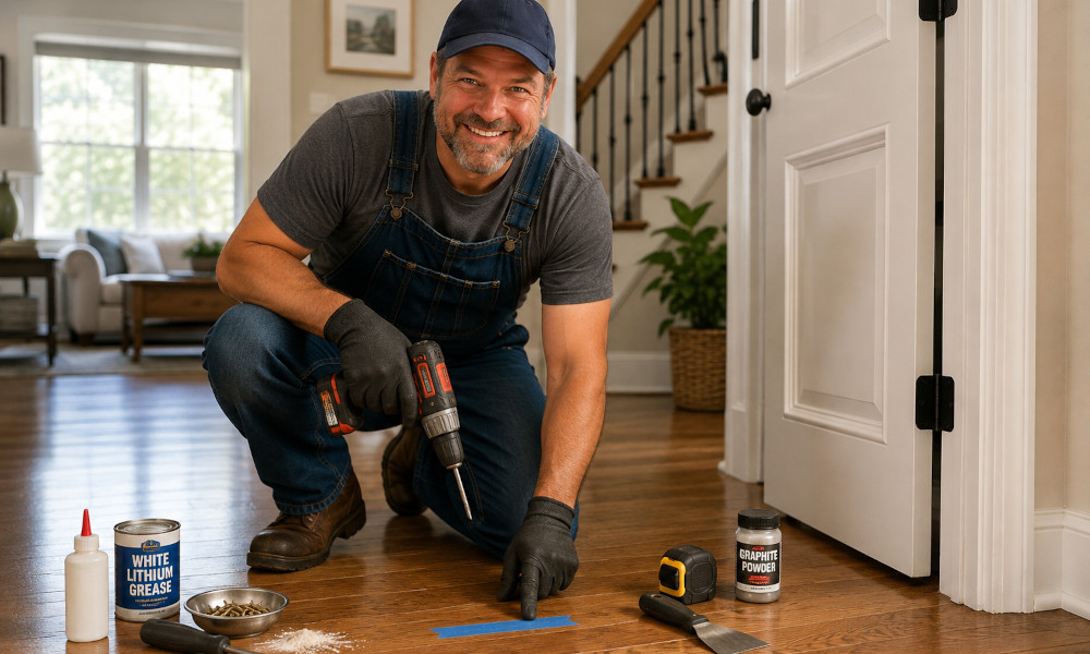 Handyman Bob kneels on a hardwood floor in a Duluth, GA home, using a cordless drill to repair a squeaky floor while pointing to the problem area marked with painter's tape. DIY repair tools and lubricants are arranged nearby, with a white interior door in the background.