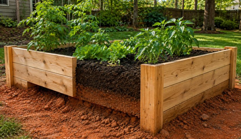 Raised cedar garden bed with an open bottom over Georgia red clay, filled with dark soil and healthy vegetable plants.