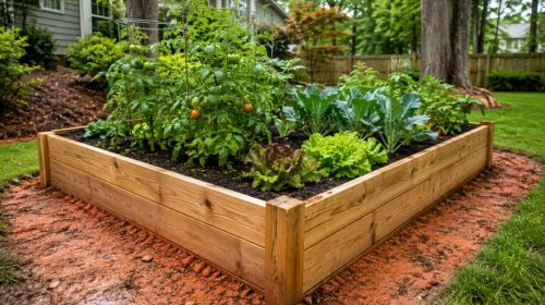 Raised cedar garden bed filled with healthy vegetables over Georgia red clay in a sunny residential backyard.