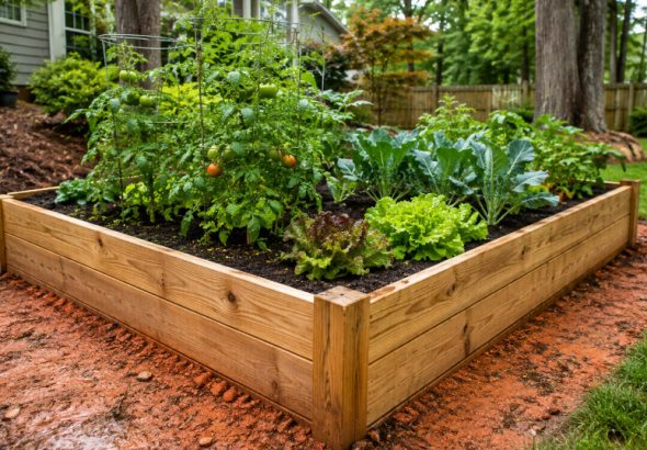 Raised cedar garden bed filled with healthy vegetables over Georgia red clay in a sunny residential backyard.