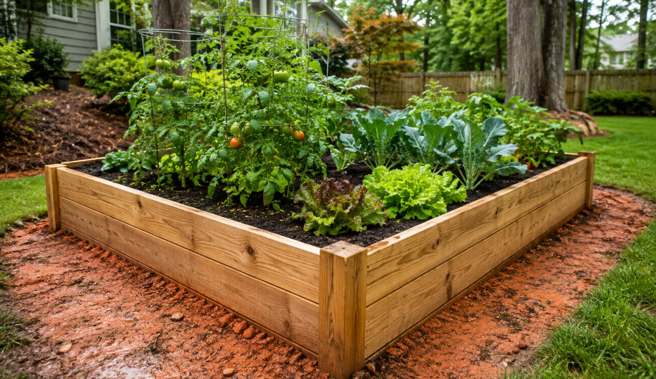 Raised cedar garden bed filled with healthy vegetables over Georgia red clay in a sunny residential backyard.