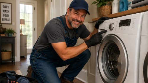 Handyman Bob troubleshooting a front-load washer that won't start in a home laundry room.