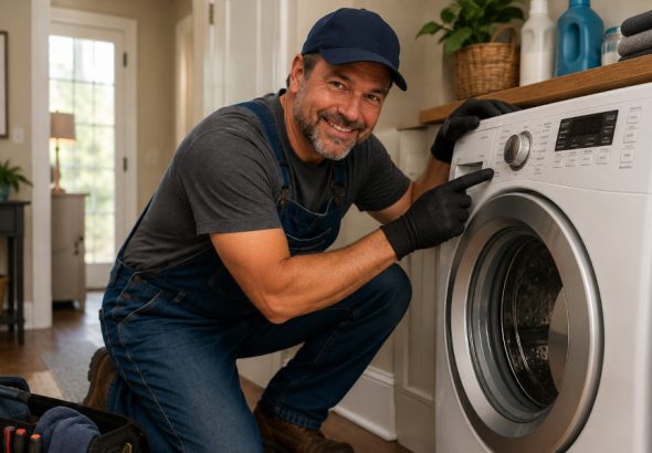 Handyman Bob troubleshooting a front-load washer that won't start in a home laundry room.