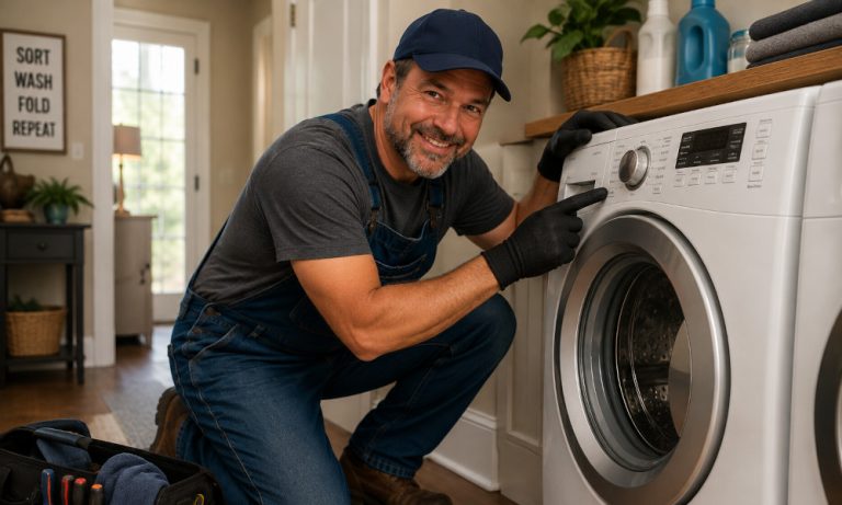 Handyman Bob troubleshooting a front-load washer that won't start in a home laundry room.