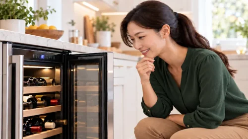 Allison crouching beside an open wine cooler and checking the digital temperature display because her Wine Cooler Is Not Cooling Properly