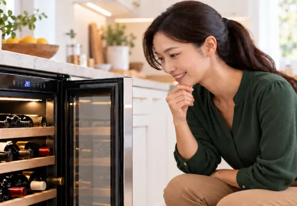 Allison crouching beside an open wine cooler and checking the digital temperature display because her Wine Cooler Is Not Cooling Properly