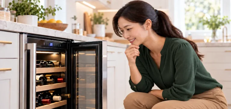 Allison crouching beside an open wine cooler and checking the digital temperature display because her Wine Cooler Is Not Cooling Properly