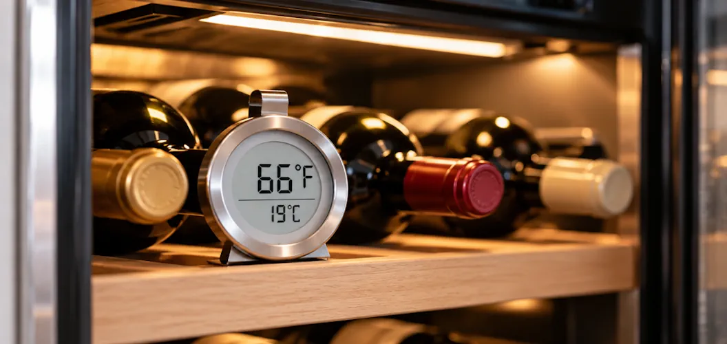 Wine Cooler Thermometer Showing a Warm Temperature Refrigerator thermometer inside a wine cooler showing 66 degrees Fahrenheit with wine bottles behind it