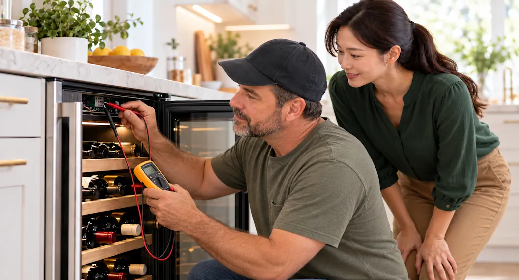 Bob Troubleshooting a Wine Cooler While Allison Watches Bob using a multimeter to diagnose an open wine cooler while Allison watches in a modern kitchen