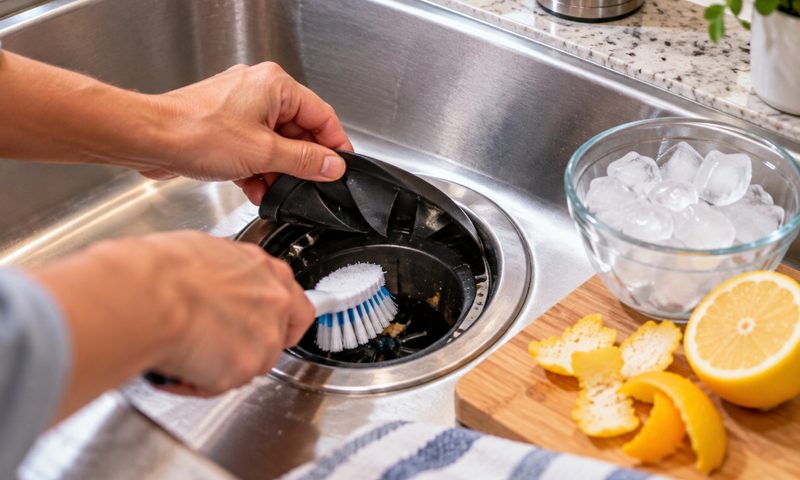 Person cleaning a garbage disposal with a brush under the rubber splash guard, with ice and lemon peels nearby.