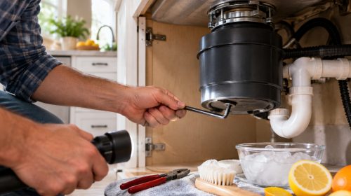 Person using a hex key to unjam a garbage disposal under a kitchen sink.