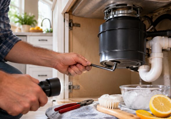 Person using a hex key to unjam a garbage disposal under a kitchen sink.