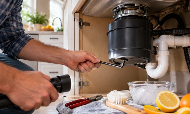 Person using a hex key to unjam a garbage disposal under a kitchen sink.