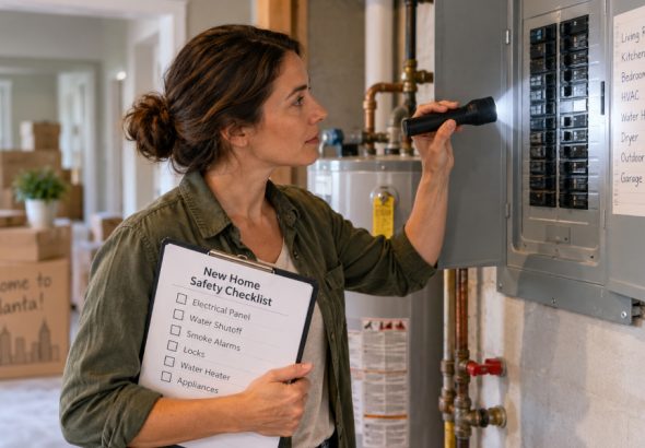 A homeowner checking an electrical panel during a new home safety inspection, with moving boxes and a home safety checklist visible in the background.