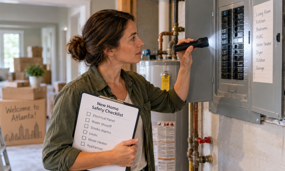A homeowner checking an electrical panel during a new home safety inspection, with moving boxes and a home safety checklist visible in the background.