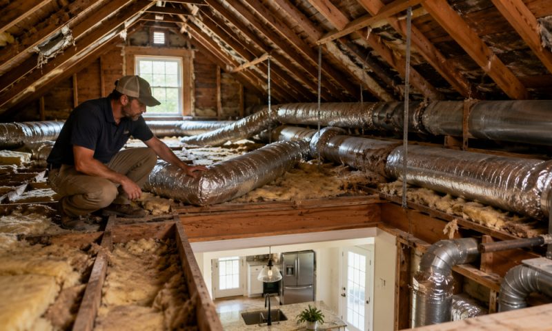 Contractor inspecting aging HVAC ductwork and inadequate attic insulation during a renovation of an older Metro Atlanta home