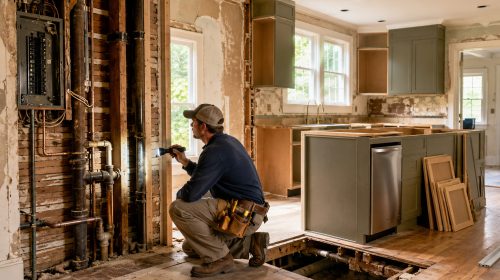 Contractor inspecting exposed electrical wiring and plumbing during a renovation of an older Metro Atlanta home