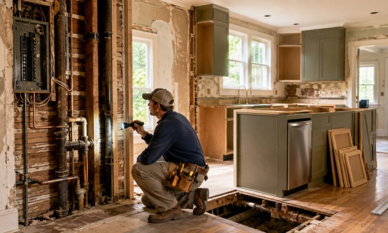 Contractor inspecting exposed electrical wiring and plumbing during a renovation of an older Metro Atlanta home