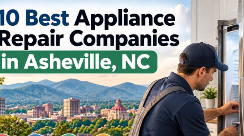 10 Best Appliance Repair Companies in Asheville, NC, with a technician servicing a refrigerator against an Asheville mountain backdrop